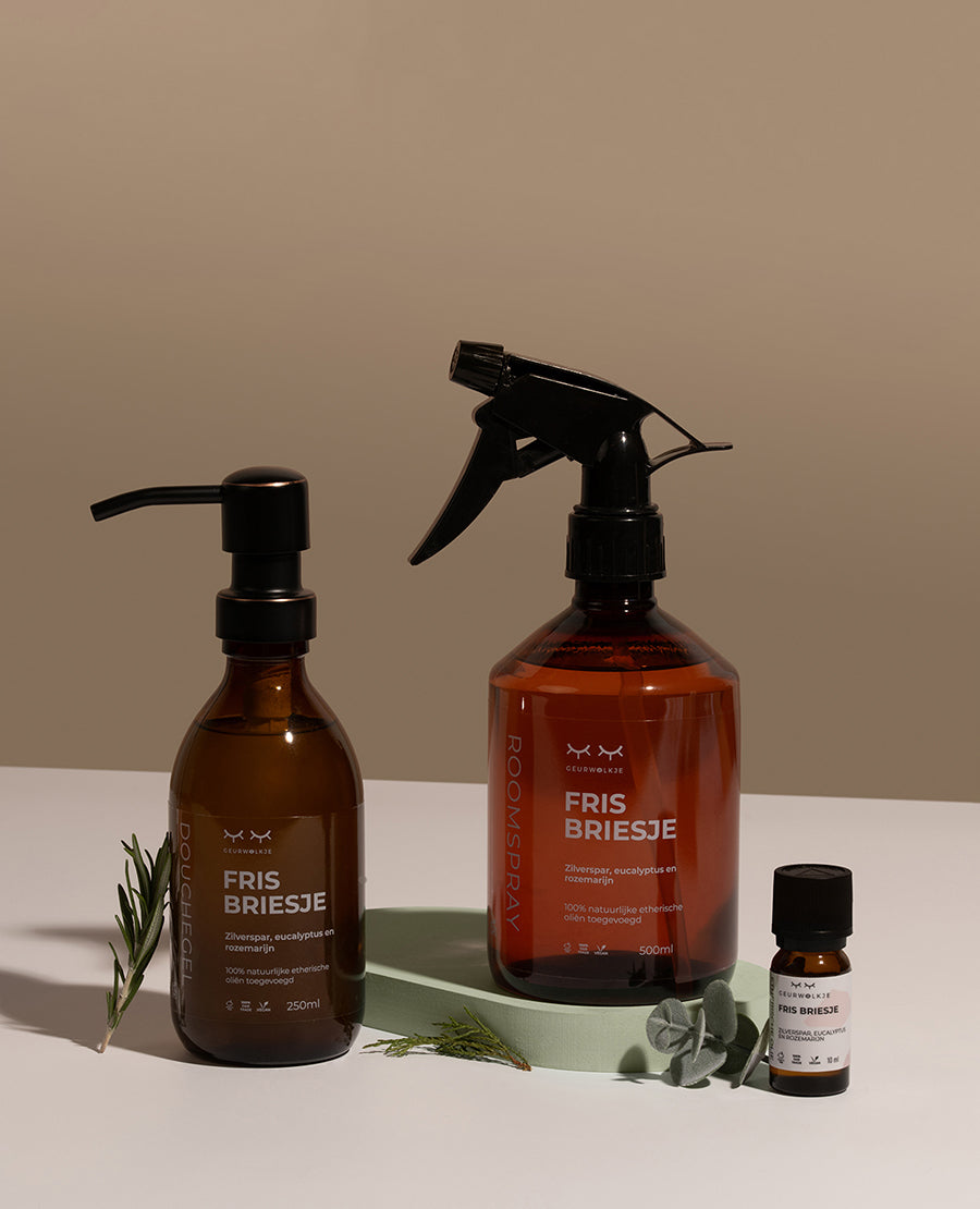 Geurwolkje® Aroma Diffuser Bundel, Sport en Beweging, met frisbriesje etherische blend olie, roomspray en douchegel