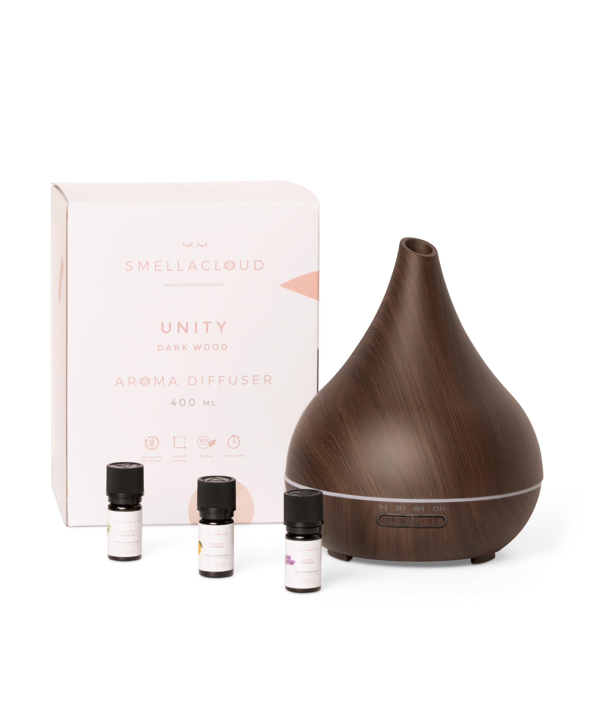 Geurwolkje® Diffuser Set in donker hout, inclusief Eucalyptus, Lavendel en Sinaasappel oliën