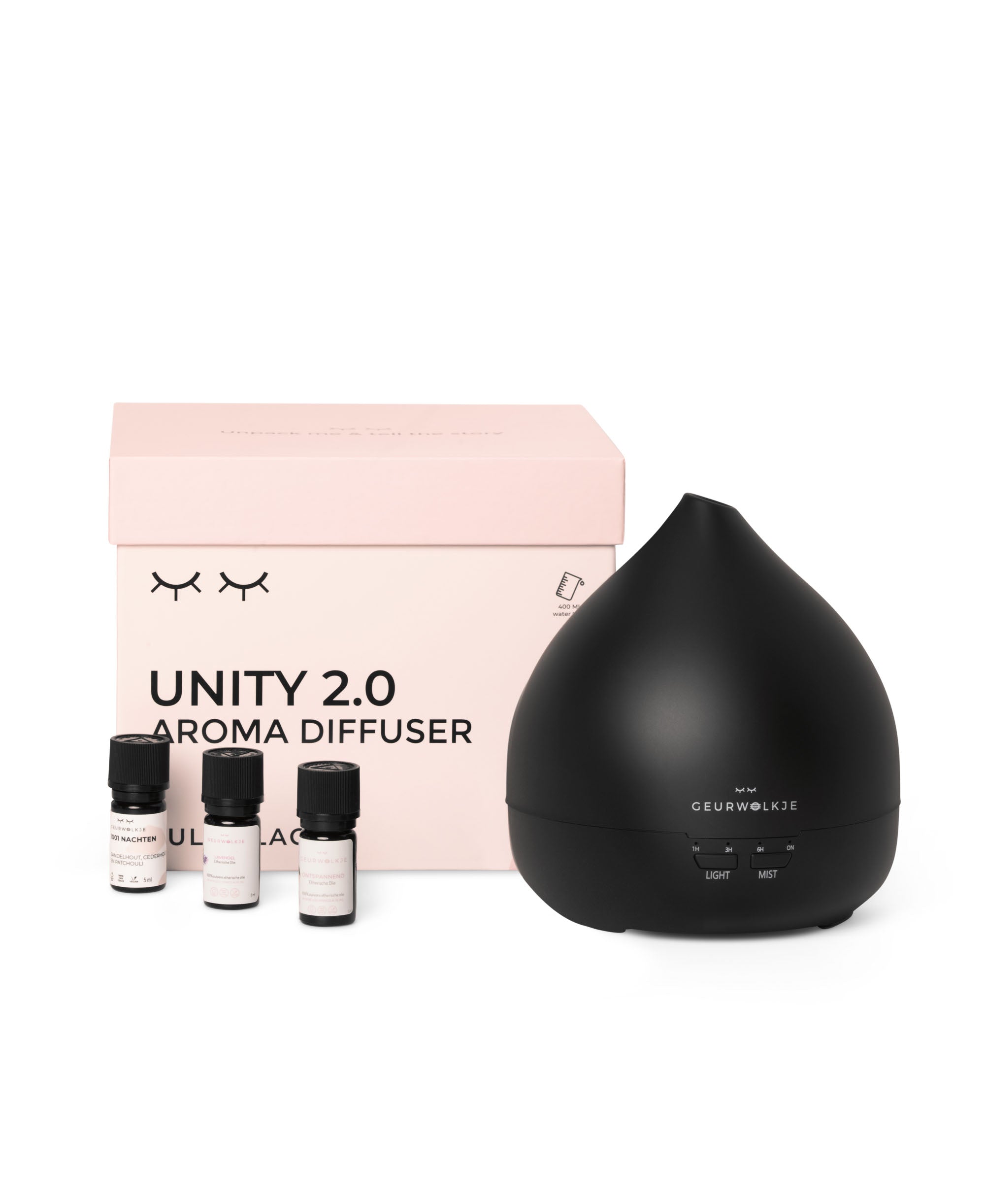 Unity Aroma Diffuser Set van Geurwolkje® in mat zwart met Eucalyptus, Lavendel en Sinaasappel oliën