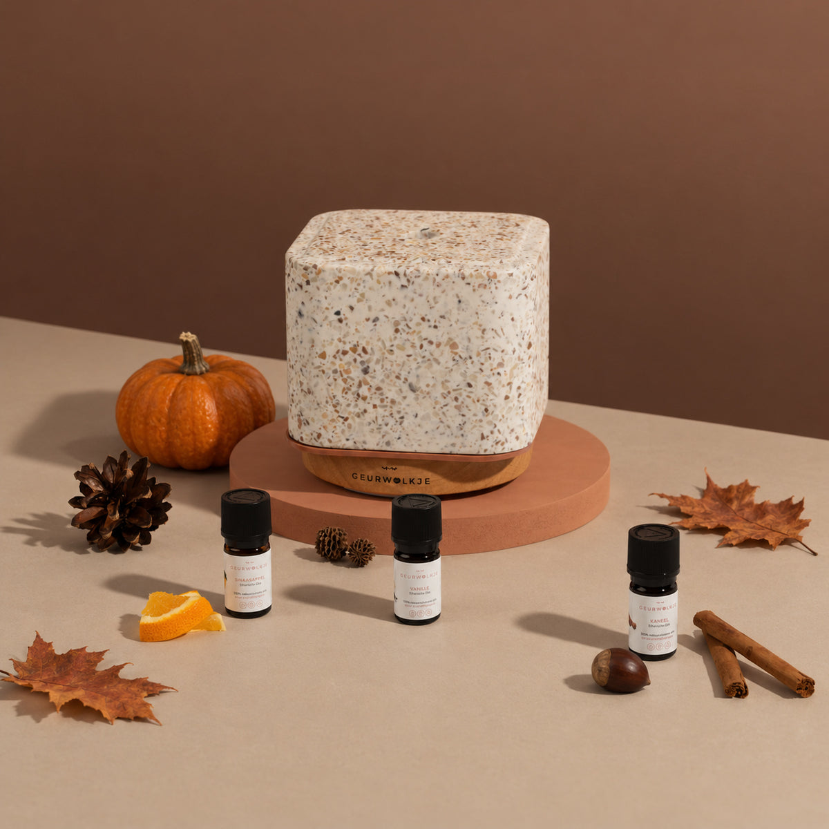 Pumpkin Spice bundel met Living Green Kubus diffuser, Kaneel, Sinaasappel en Vanille