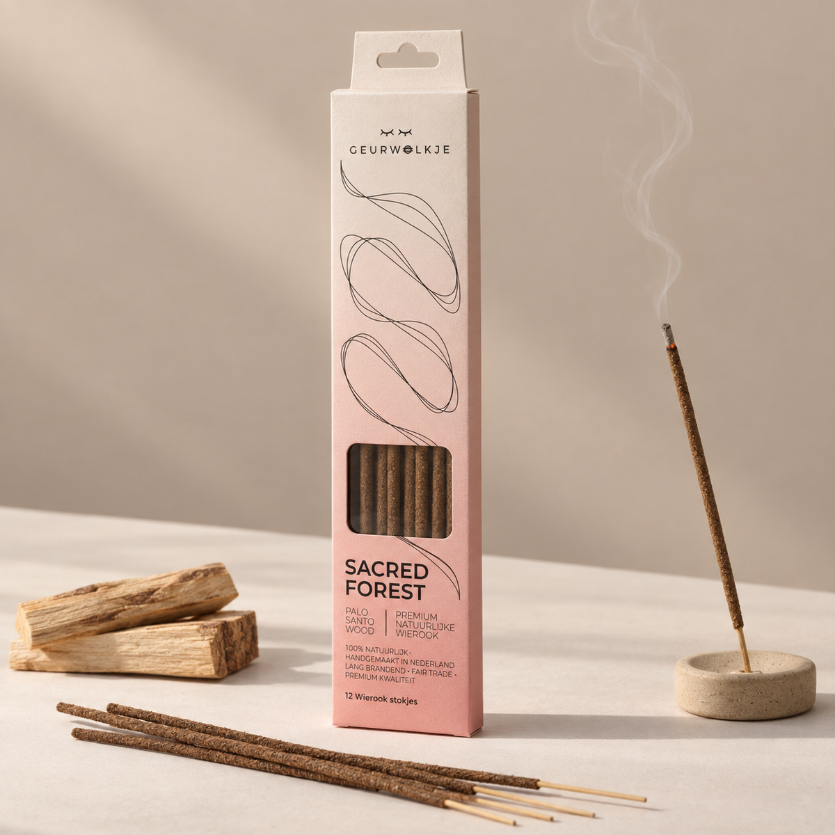 Sacred Forest Palo Santo Wood wierook van Geurwolkje, met verpakking, losse stokjes, gloeiend stokje en Palo Santo-hout