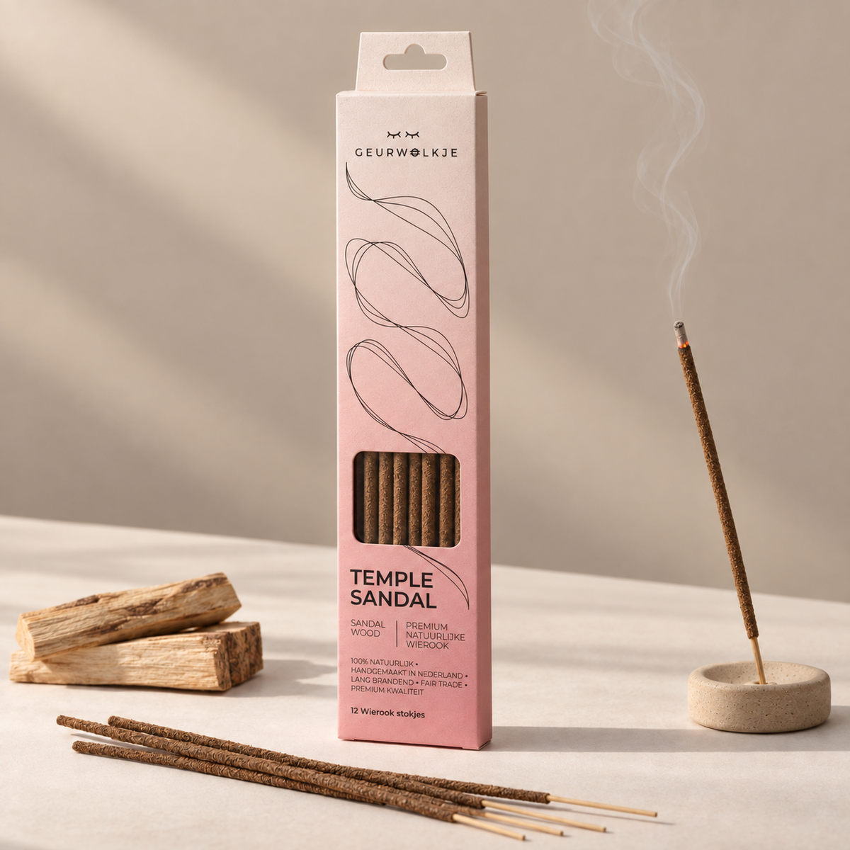 Temple Sandal Sandalwood wierook van Geurwolkje, met verpakking, losse stokjes, gloeiend stokje en geurgebonden ingrediënten