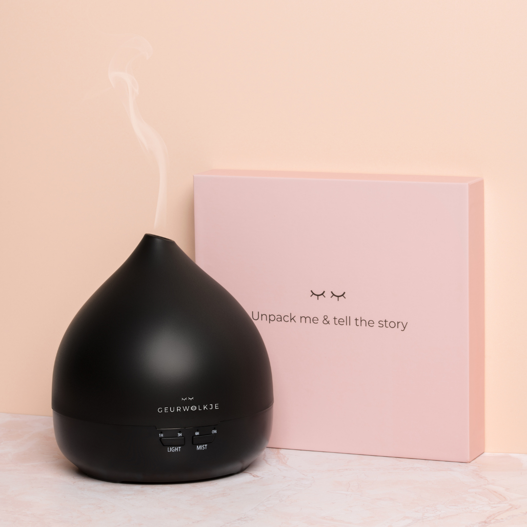 Geurwolkje Aroma Diffuser in mat zwart Unity 2.0, perfect voor geurverspreiding.