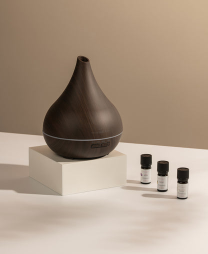 Unity Aroma Diffuser Geschenkdoos van Geurwolkje® in donker hout met Eucalyptus, Lavendel en Sinaasappel oliën