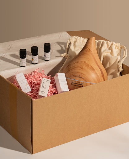 Unity Aroma Diffuser Geschenkdoos van Geurwolkje® - Relax &amp; Easy in licht hout, inclusief 5 ml Eucalyptus, Lavendel en Sinaasappel etherische oliën