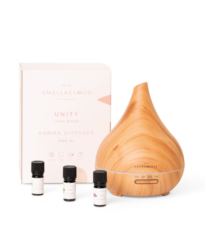 Geurwolkje® Unity Aroma Diffuser Geschenkdoos - Relax &amp; Easy in licht hout, inclusief 5 ml Eucalyptus, Lavendel en Sinaasappel etherische oliën