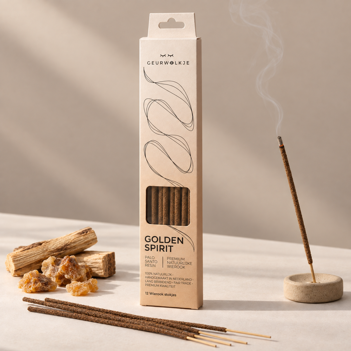 Golden Spirit Palo Santo Resin wierook van Geurwolkje, met verpakking, losse stokjes, gloeiend stokje en geurgebonden ingrediënten