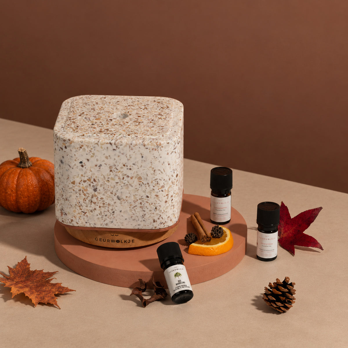 Herfstbundel met Living Green Kubus diffuser, Herfstzon, Boswandeling en Sinaasappel