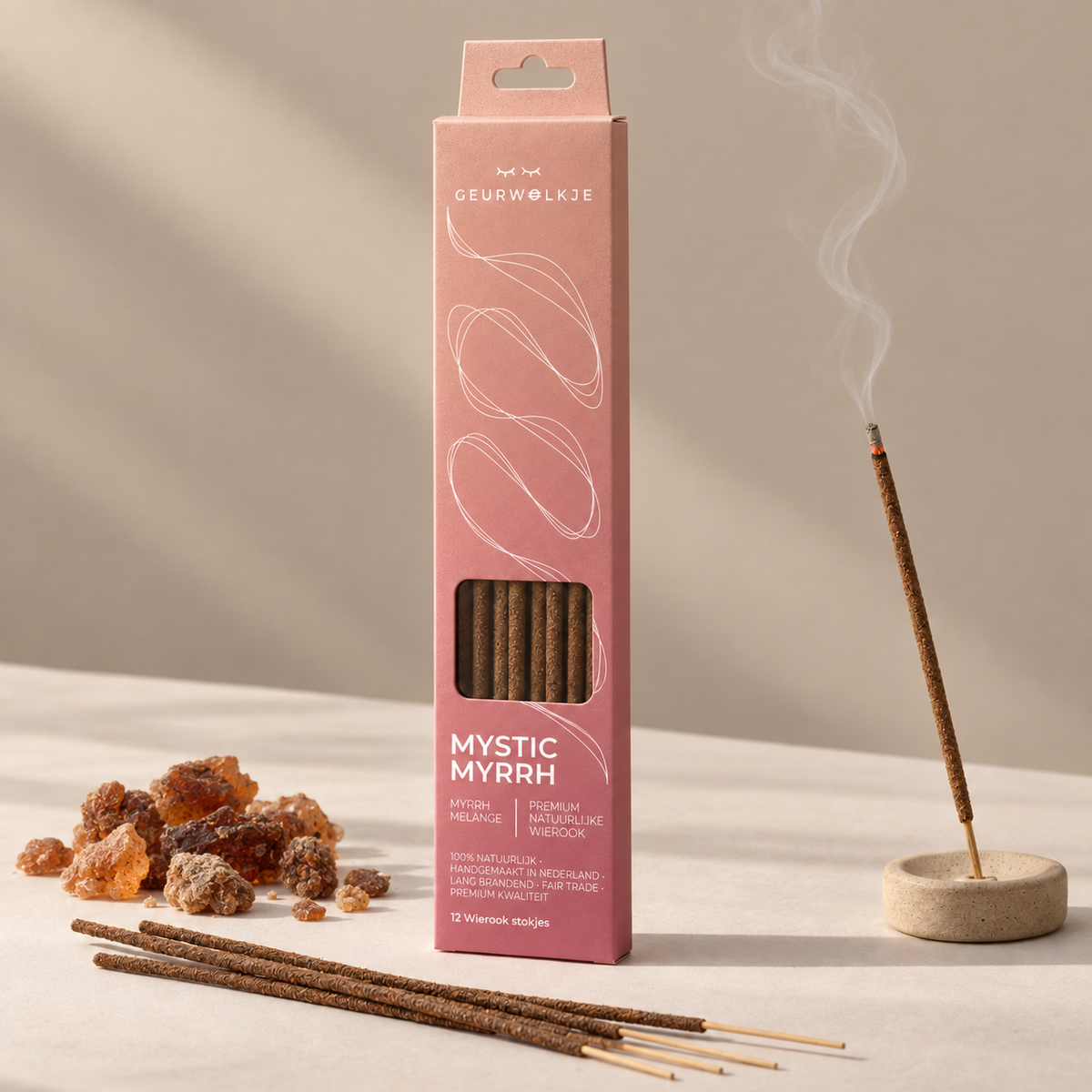 Mystic Myrrh Myrrh Melange wierook van Geurwolkje, met verpakking, losse stokjes, gloeiend stokje en geurgebonden ingrediënten