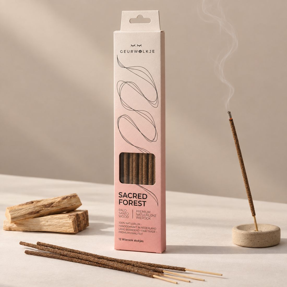 Sacred Forest Palo Santo Wood wierook van Geurwolkje, met verpakking, losse stokjes, gloeiend stokje en Palo Santo-hout