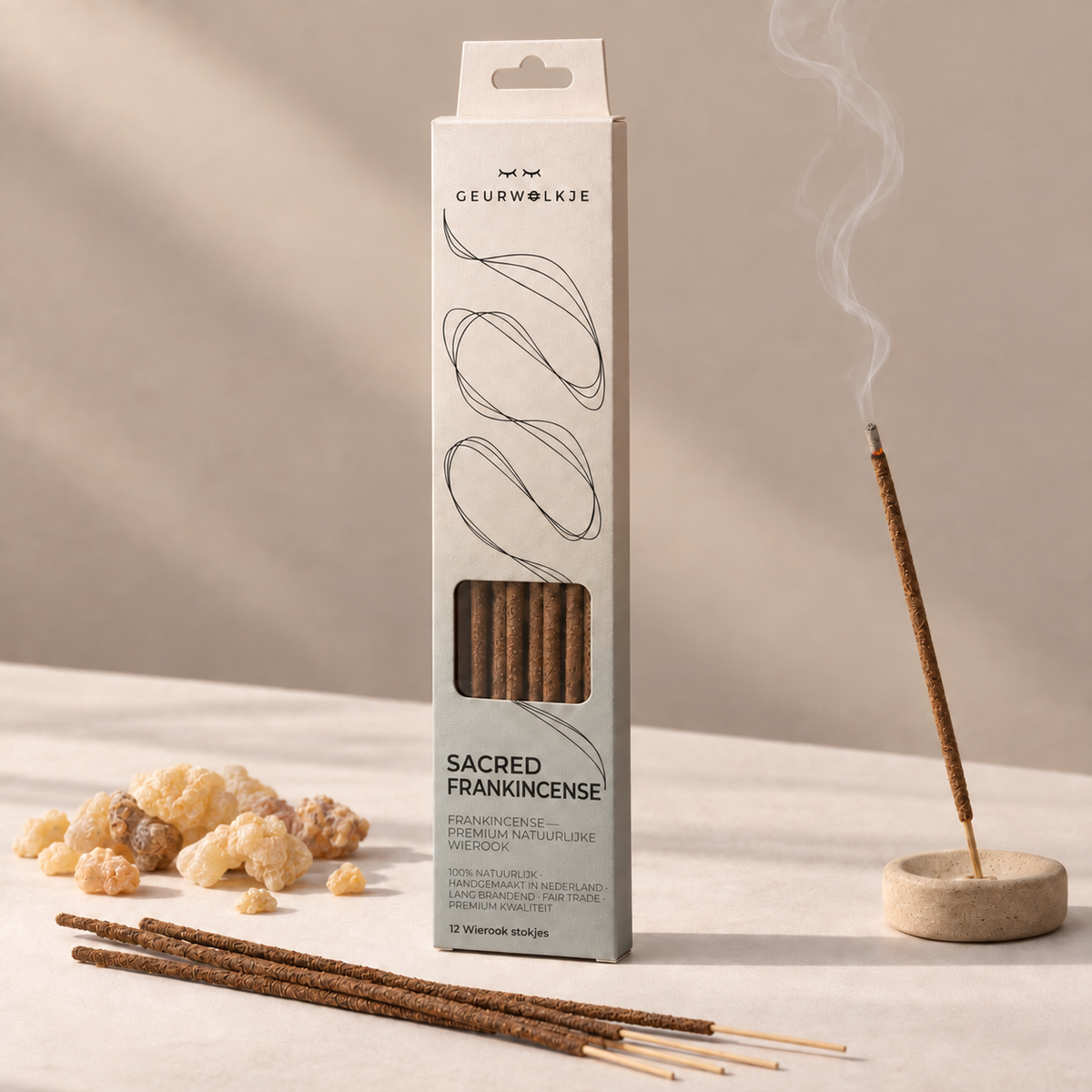 Sacred Frankincense Frankincense wierook van Geurwolkje, met verpakking, losse stokjes, gloeiend stokje en geurgebonden ingrediënten