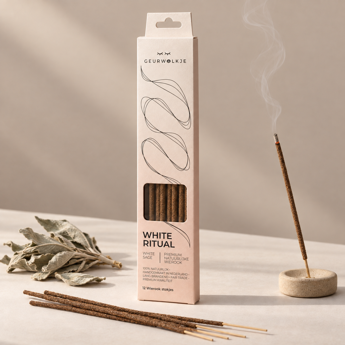 White Ritual White Sage wierook van Geurwolkje, met verpakking, losse stokjes, gloeiend stokje en geurgebonden ingrediënten