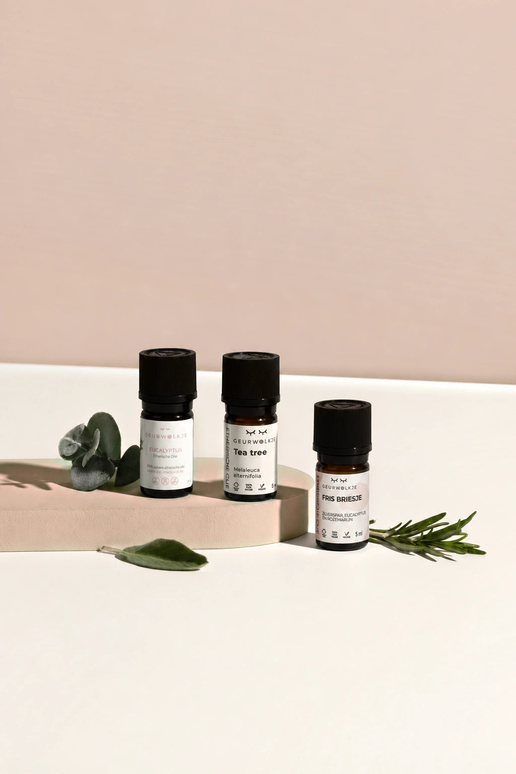 Geurwolkje Vitaliteitsbundel met Fris Briesje 5 ml, Tea Tree en Eucalyptus op een nude achtergrond