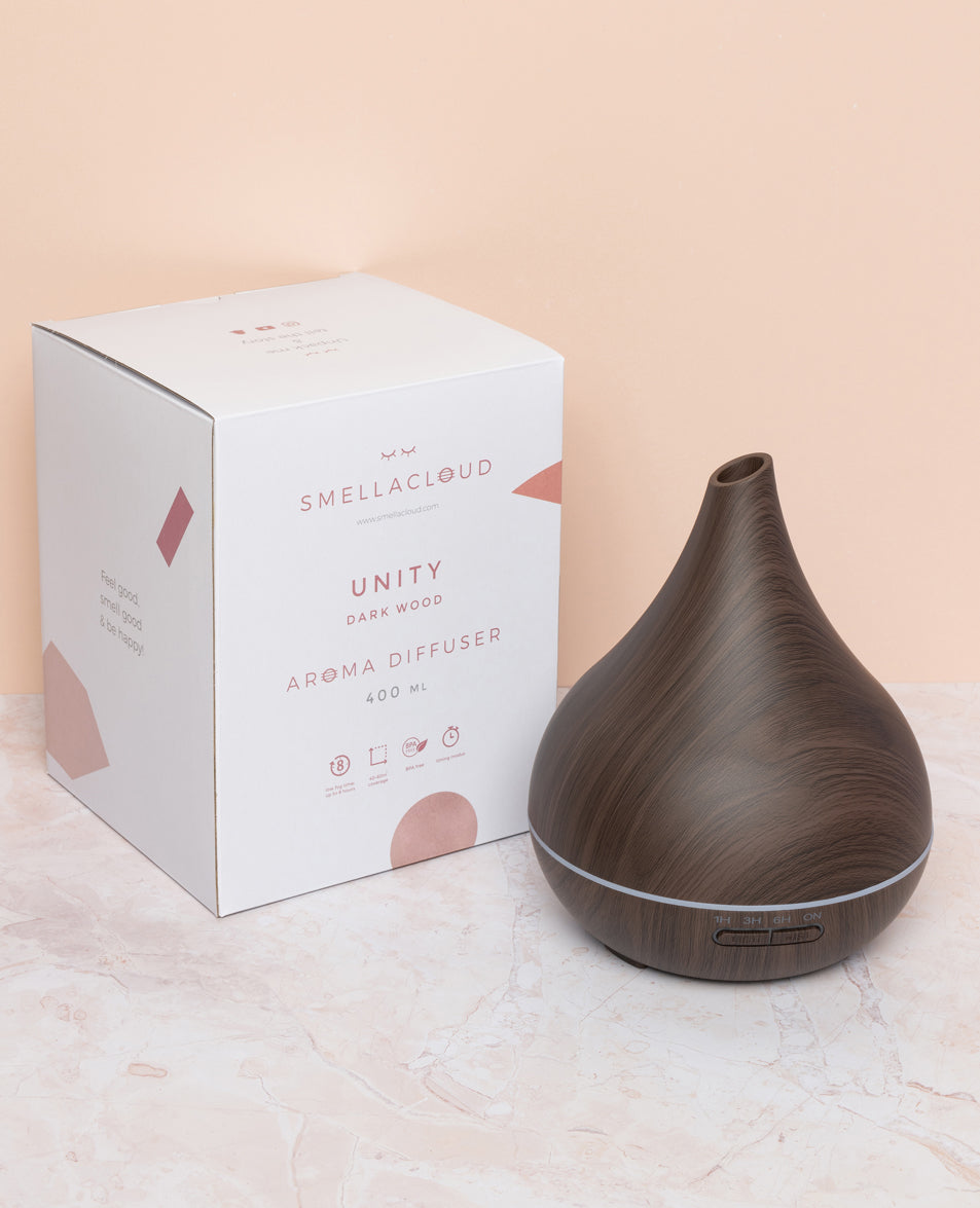 Geurwolkje Aroma Diffuser in donker hout Unity, perfect voor geurverspreiding.